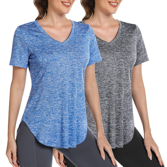 Alovien Short Sleeve Workout Shirts Women Loose Fit, V-Neck Women Exercise T-Shirt Workout Top, Dry Fit Yoga Gym Sport Tops, Grey & Blue,L