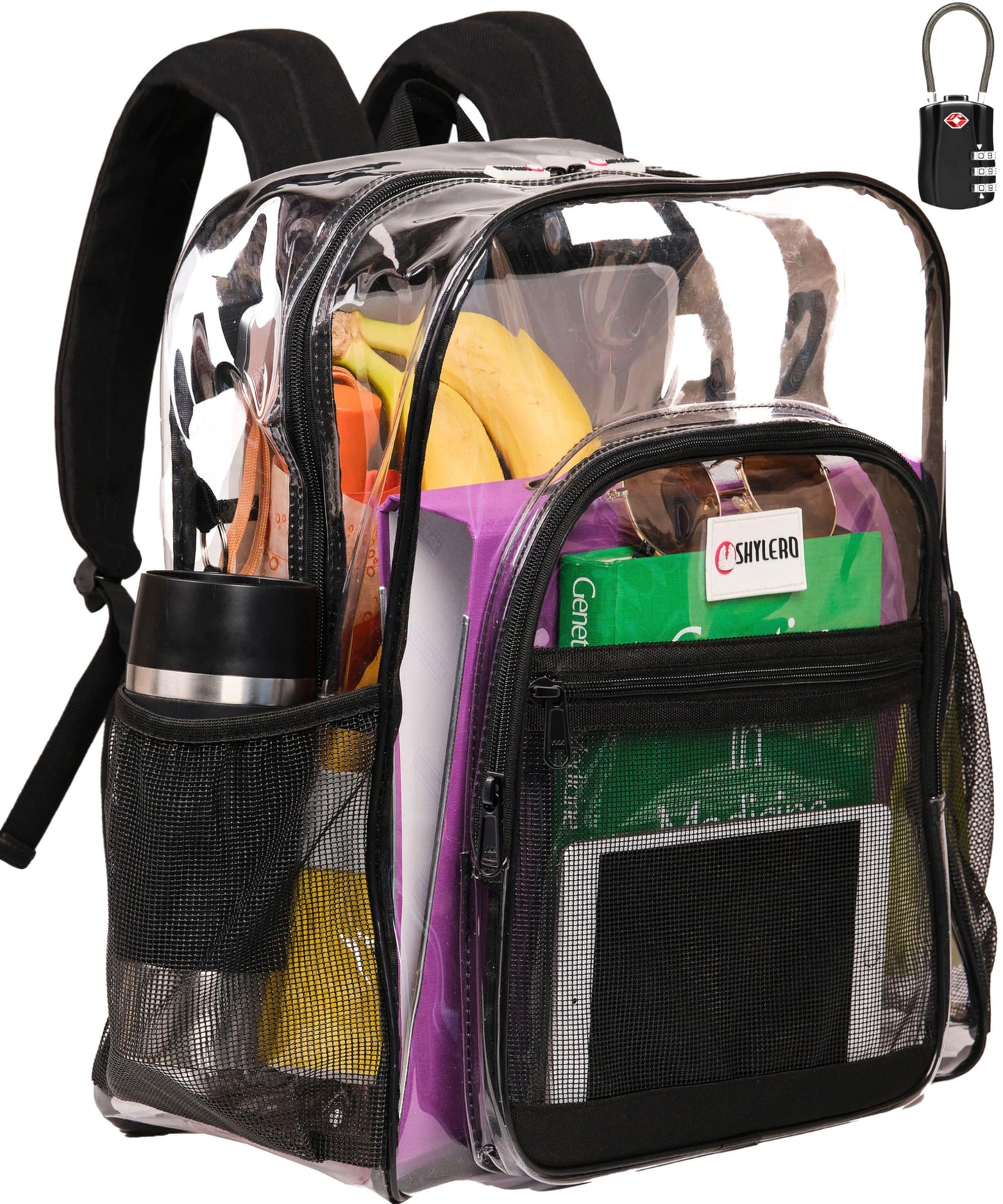 SHYLERO Clear Backpack Heavy Duty has TSA Lock, 2-WAY Zipper. PVC Transparent Backpack Is Extra Large - H18''xW14''xD8