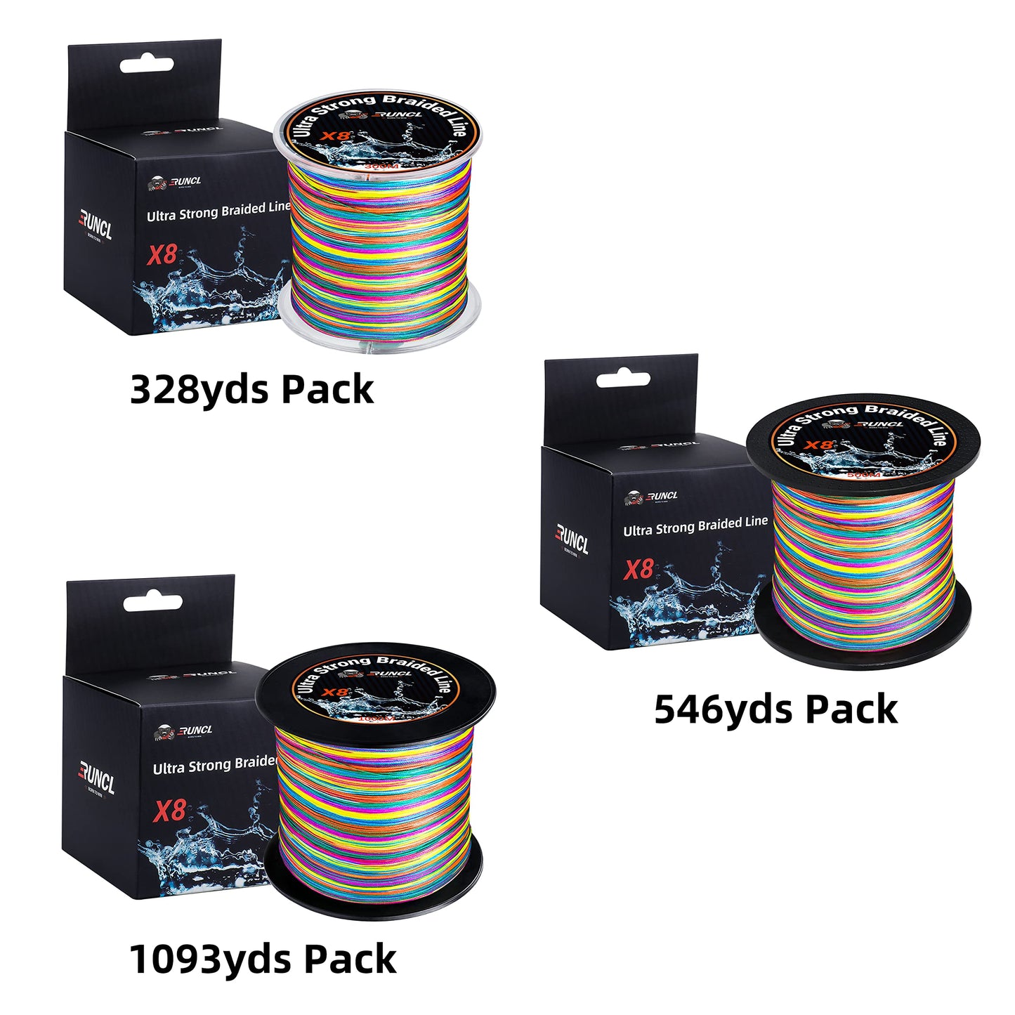 RUNCL Braided Fishing Line, 8 Strand Abrasion Resistant Fishing Line Braid, Super Durable, Smooth Casting, Zero Stretch, Smaller Diameter, Hi Vis, 328-1093 Yards, 12-100LB(40LB,546yds)