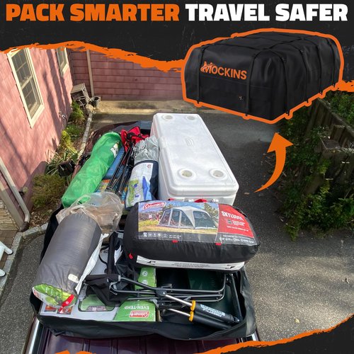 Mockins 35 Cu.Ft. Black Waterproof Rooftop Cargo Carrier Bag | 60"x42"x24" Car Roof Bag for Use with or w/o Roof Rack | Car Topper Luggage Carrier Waterproof Storage Set w/Mat, Straps, Hooks, & More