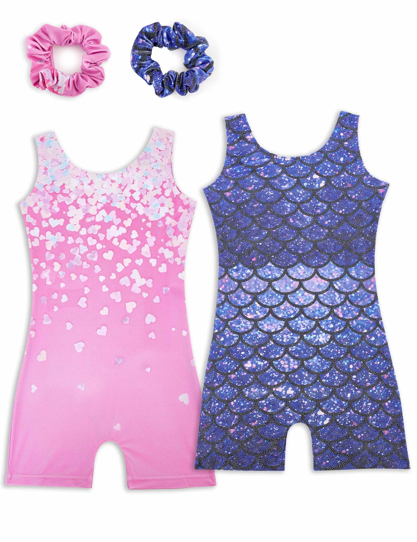 Tstiti Gymnastics Leotards for Girls 2 Pack Sparkly Kids Biketards Dance Unitards Matching Hair Scrunchies Heart Mermaids 4-5 T