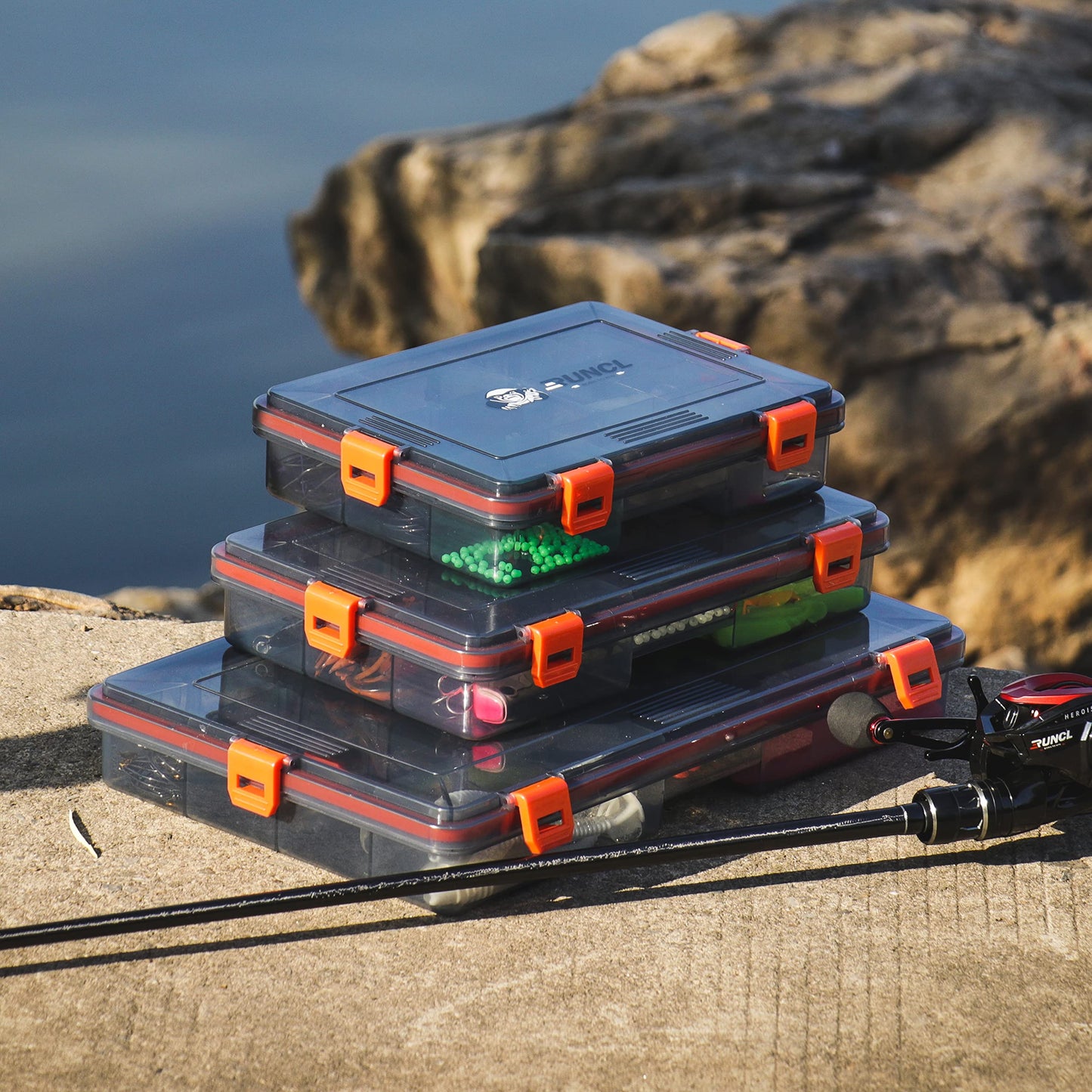 RUNCL Fishing Tackle Box, Waterproof Airtight Stowaway, 3600/3700 Tray Tackle Box with Adjustable Dividers, Plastic Storage Organizer (4pcs 3700)