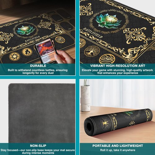 PROMAXIBINDER MTG Playmat with Magic Zones, 24x14in Playmat for Magic The Gathering, Commander Card Game Battles, Durable & Stain-Resistant Duel Mat for Beginners & Pros, Non-Slip, Soft Surface, Black