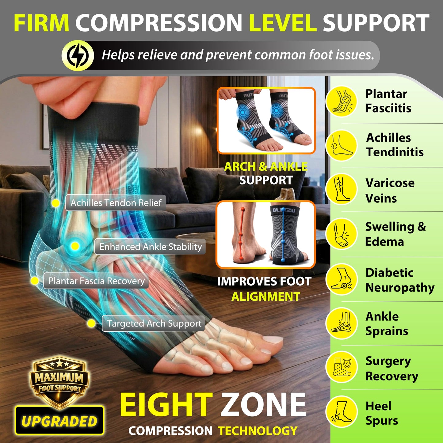 BLITZU Compression Socks for Plantar Fasciitis, Achilles Tendonitis, Arthritis Relief, Ankle Brace Compression Sleeve with Foot Arch Support, Ankle Wrap for Women, Men, Swelling & Heel Pain Blue S-M