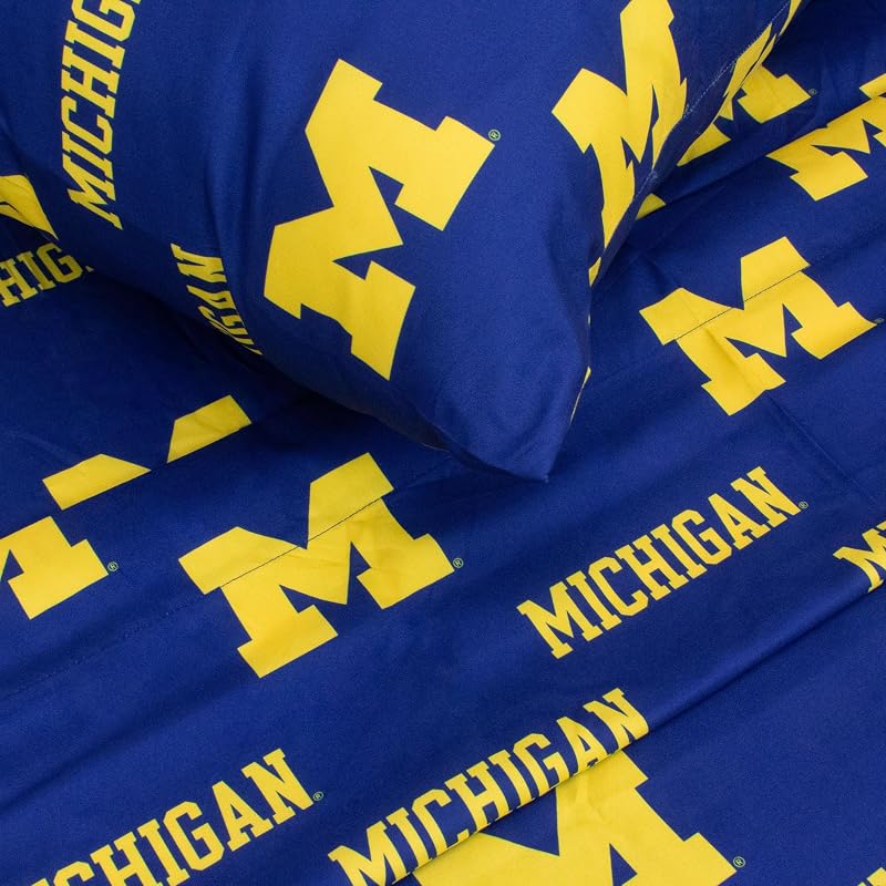 Michigan Wolverines Full Size 4-Piece Sheet Set - 100% Cotton, Flat & Fitted Sheets + 2 Pillowcases