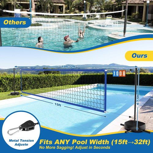 Oswerpon Upgraded Pool Volleyball Net with Scoreboard - Adjustable Height (4-7.5 FT) & Width Pool Volleyball Set, Portable Versatile Net with Water Base, LED Light, Indoor, Outdoor