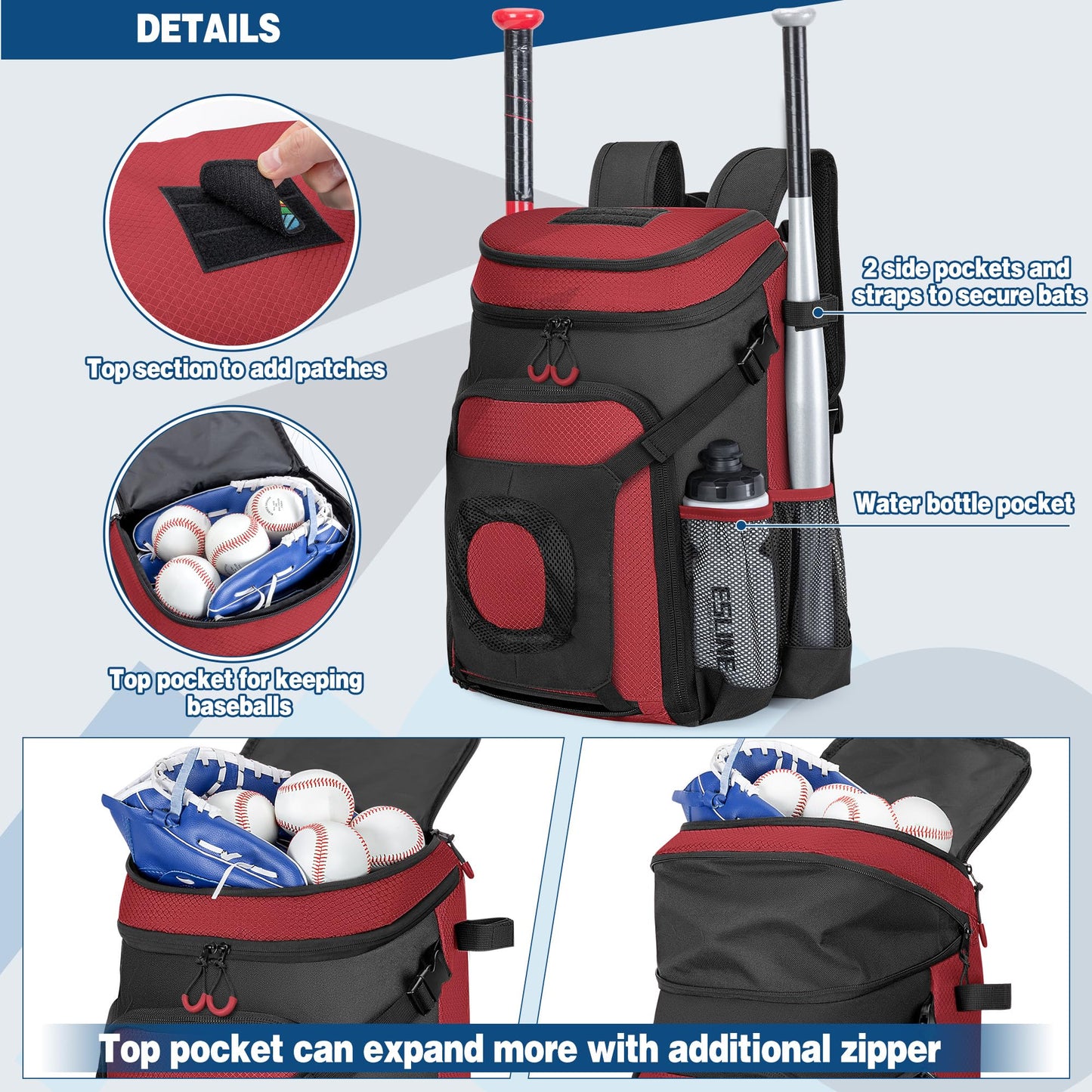 Smasrob Baseball Bag for Adult and Youth, Baseball Backpack Softball Bag with Helmet Holder, Shoe Compartment and Fence Hook, Red