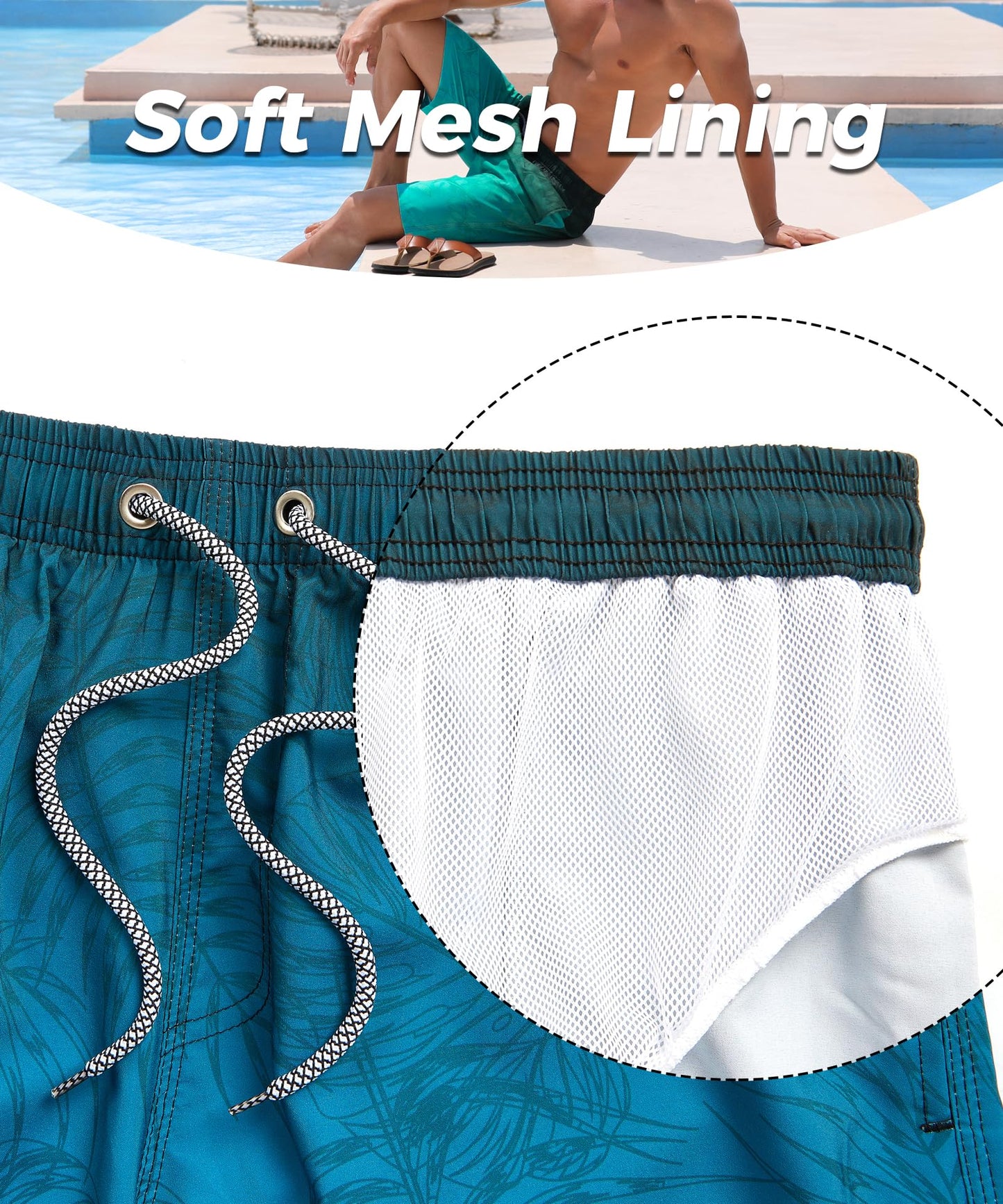 ELETOP Men's Swim Trunks Quick Dry Bathing Suit Swimming Board Shorts Mesh Lining Beach Swimwear Palm Leaf Gradient Blue L