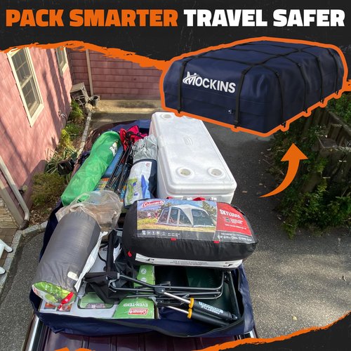 Mockins 30 CuFt Navy Waterproof Rooftop Cargo Bag For Use With or Without Roof Rack | 60"x43"x20" Vinyl Car Rooftop Cargo Carrier Bag | Car Topper Luggage Carrier Waterproof Set w/Straps, Hooks & More