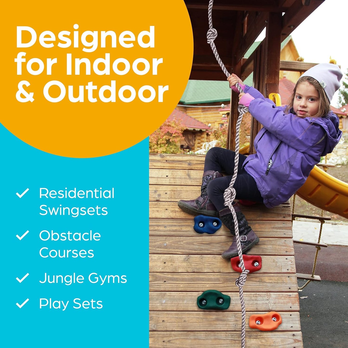 Jungle Gym Kingdom Rock Climbing Holds for Kids - Indoor & Outdoor Rock Wall Climbing Kit with Mounting Hardware, Knotted Rope and 25 Handles - Playground Accessories