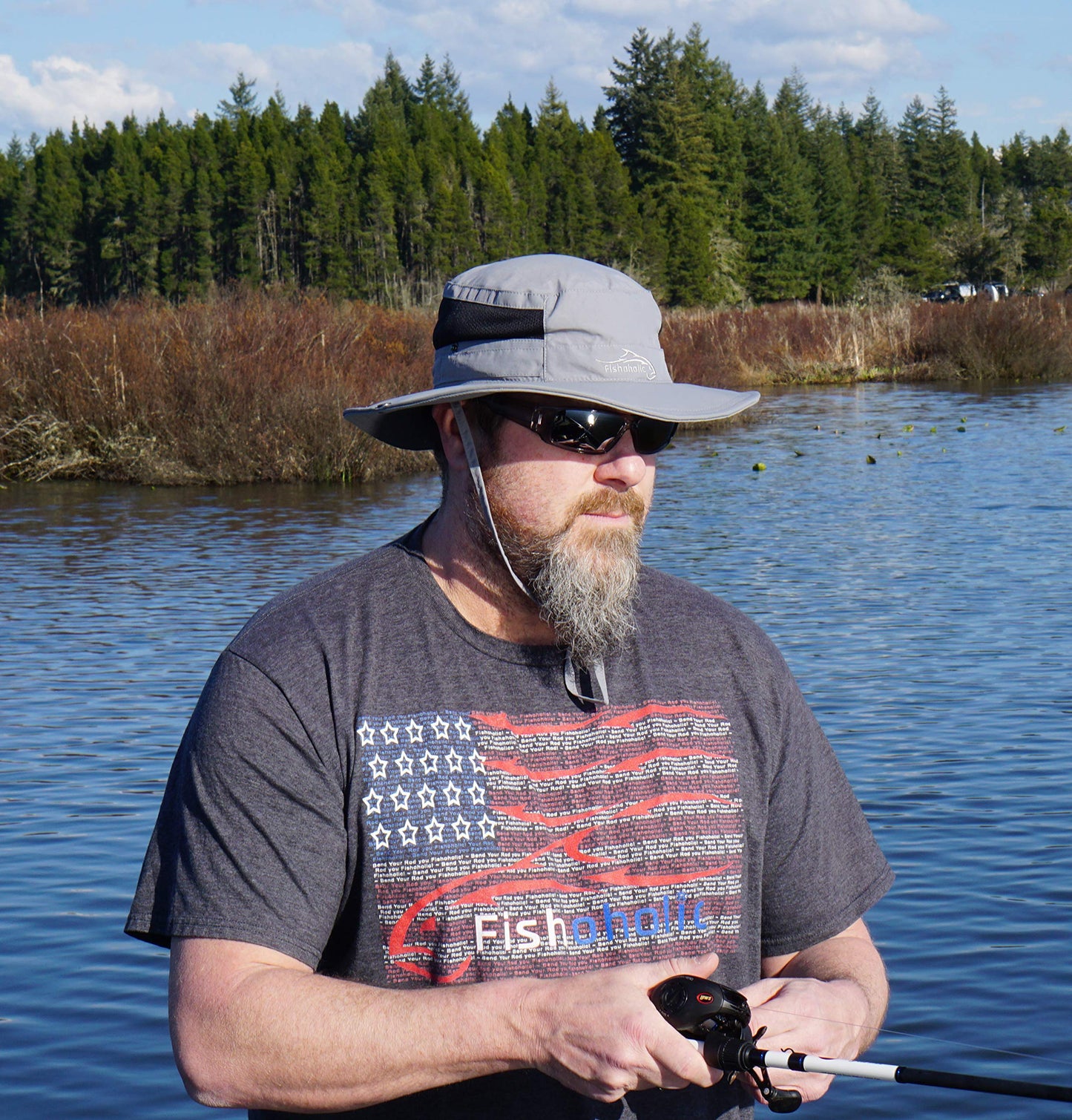 Fishoholic Fishing Hat - UPF50+ Sun Protection Wide Brim Bucket Hat with Straps
