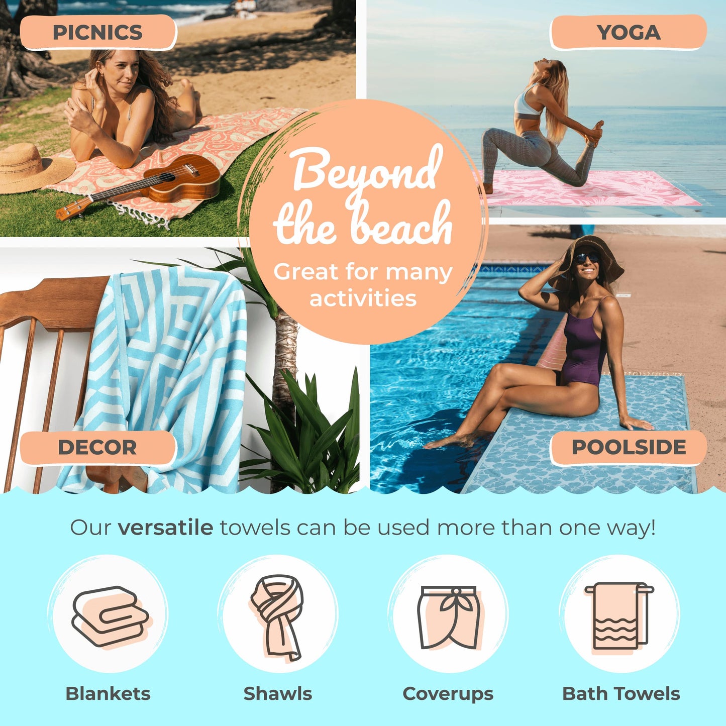 Nova Blue Turkish Beach Towel (37 x 71) - Pink Striped 100% Turkish Cotton - XL, Sand Resistant – Beach Blanket, Compact