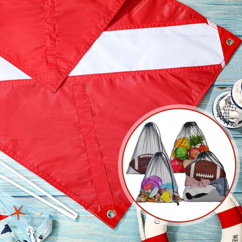 Hahafelt 6 Pcs Snorkel Gear Bag with 1 Pcs Diver Flag, 14x16 Inch Mesh Drawstring Bags Scalloping Bag, 20 x 24 Inch Diver Down Warning Flag Double Stitched Nylon for Scuba Spearfishing