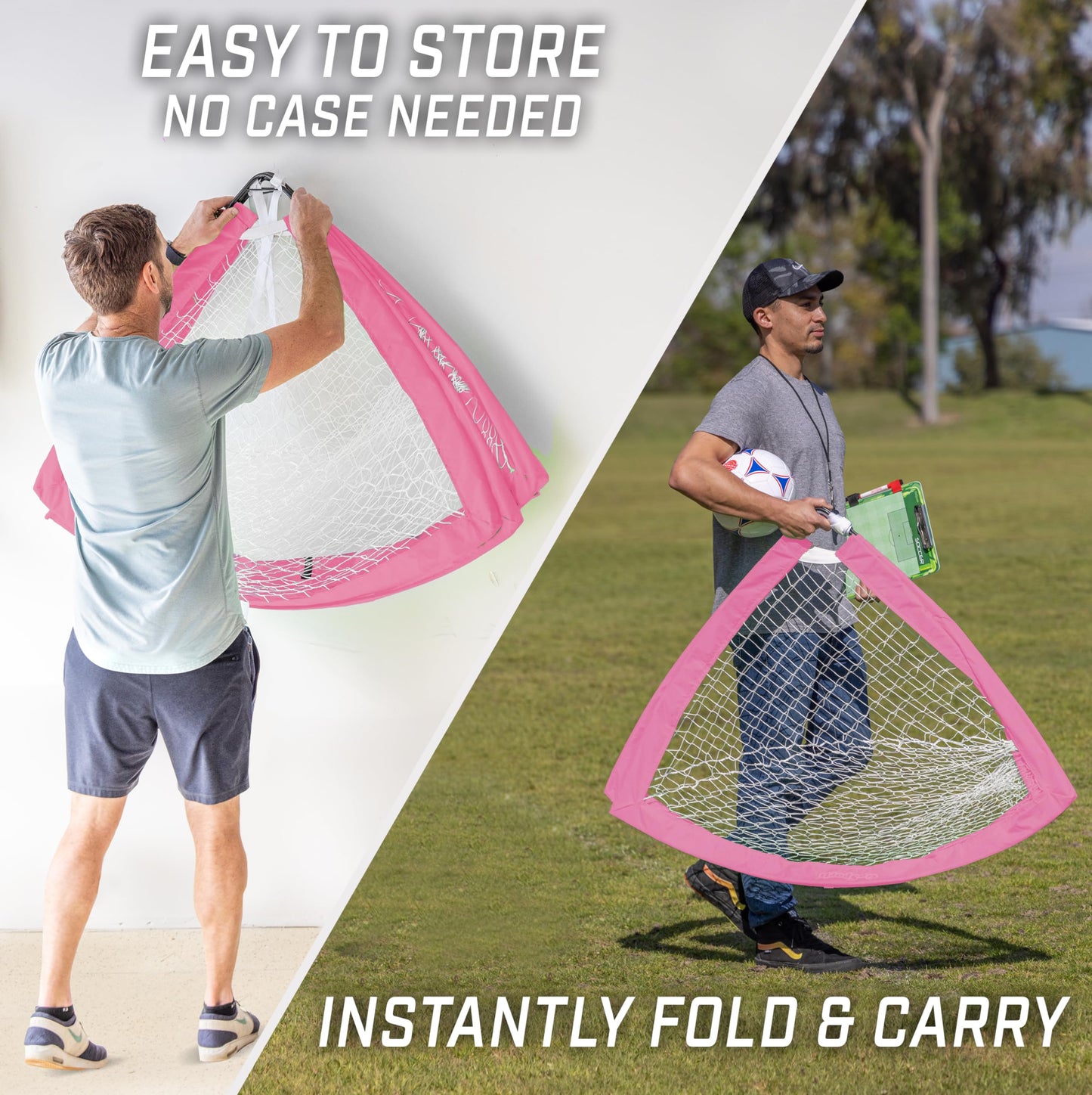 GoSports Team Tone 4 ft x 3 ft Portable Soccer Goals for Kids - Set of 2 Pop Up Nets for Backyard - Pink