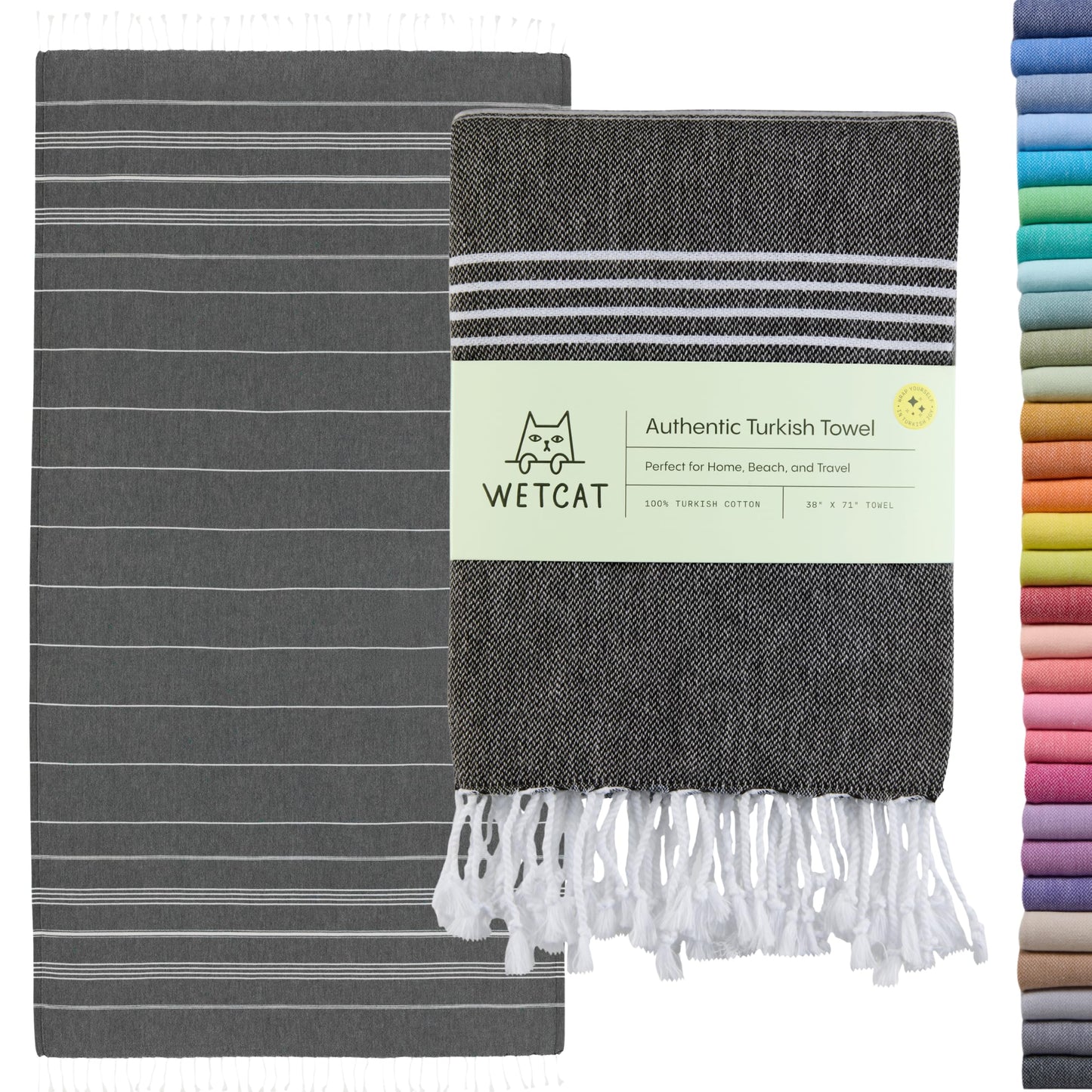 WETCAT Turkish Beach Towel Oversized (38"x71") 100% Turkish Cotton, Made in Turkey - Sand Free, Extra Large, Ultra Soft, Quick Drying, Compact & Lightweight for Travel - Black