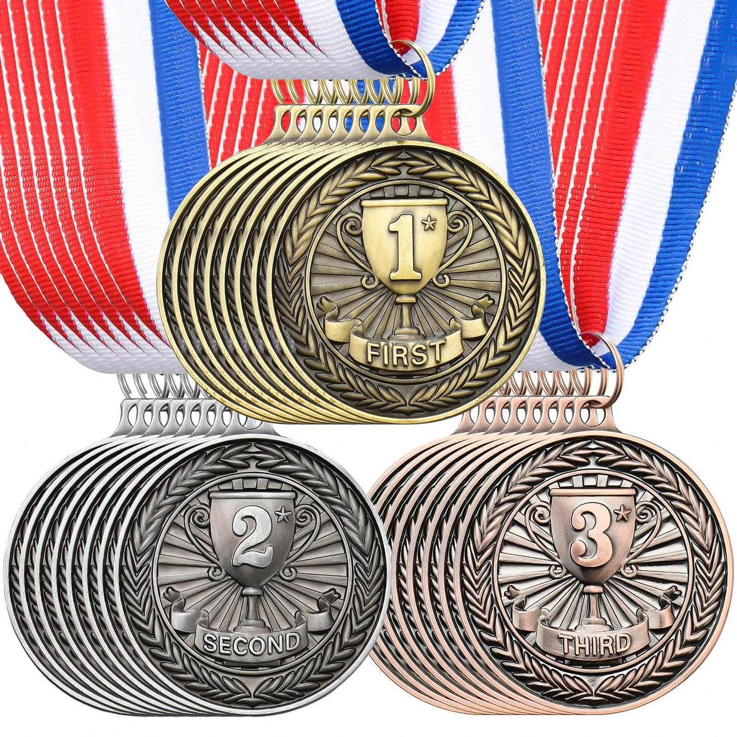 RoundFunny 24 Pcs Award Medals 1st 2nd 3rd Place Medals Metal Winner Trophy Awards Gold Silver Bronze Prizes for Sports Competitions Party, 2 Inches (Classic Color)