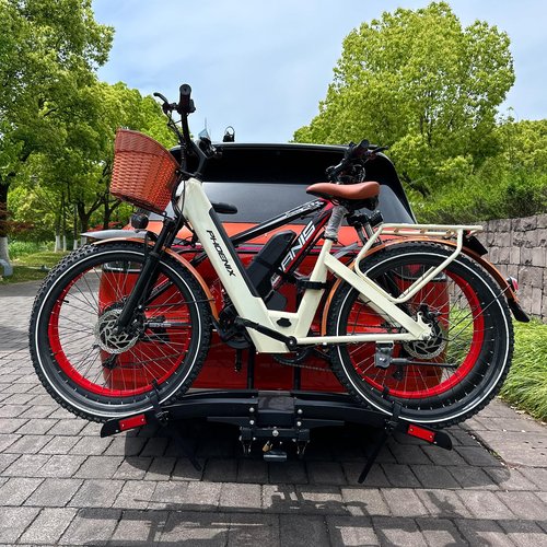 Terriplaze Foldable Electric Bike Rack Hitch Mount with Ramp for 2" Receiver, 2 Bike Rack for Car, Up to 4’’ Fat Tire, 136 lbs Capacity, with Locks, Tiltable, Wheels for Easy Transport