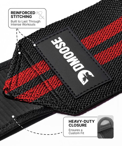 DMoose Fitness Elbow Wraps for Weightlifting (Pair) - 40'' Adjustable Elbow Strap for Gym Workout, Bench Press & Powerlifting - Compression Wraps for Tendonitis & Joint Support (Black Red)