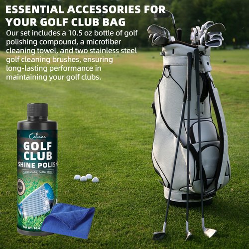 Calvana 10.5oz Golf Club Polish & Cleaner Kit, Instant Rust & Scratch Remover with 2 Stainless Steel Golf Cleaning Brushes & Microfiber Towel, Works on Drivers, Irons, Putters, Wood, Restores & Shines