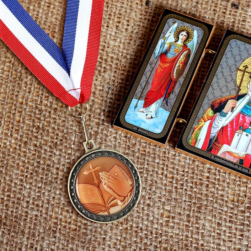 Religious Medal Set with Neck Ribbons 12pc Gold Cross Medals for Awards