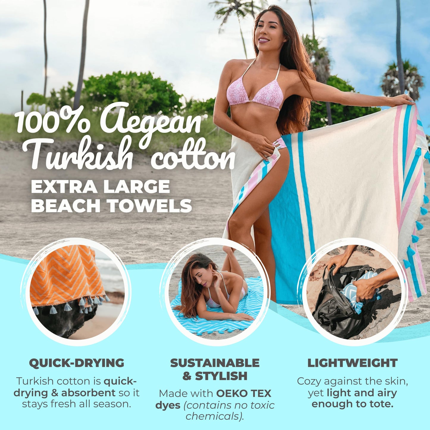 Nova Blue Turkish Beach Towel (37 x 71) - Pink Striped 100% Turkish Cotton - XL, Sand Resistant – Beach Blanket, Compact