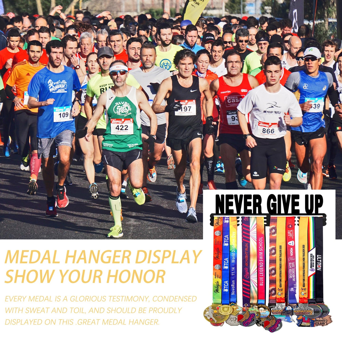 Goutoports Medal Holder Display Hanger Rack Frame for Sport Race Runner Sturdy Black Steel Metal Over 60 Medals Easy to Install-HOL30P
