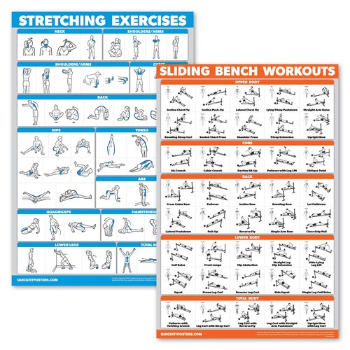 QuickFit 2 Pack - Stretching Exercises and Sliding Bench Workout Poster Set - Compatible with Total Gym & Weider Ultimate Body Works (LAMINATED, 18" x 24")
