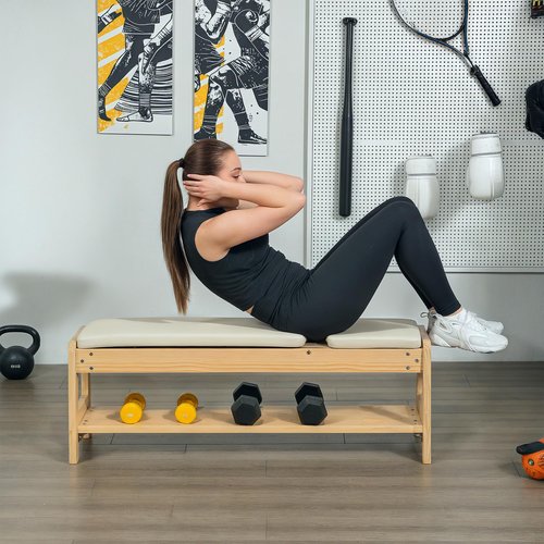 Soozier Adjustable Weight Bench with Dumbbell Rack, Wooden Workout Bench, Flat or Incline Bench for Home Gym Weight Lifting Training, White