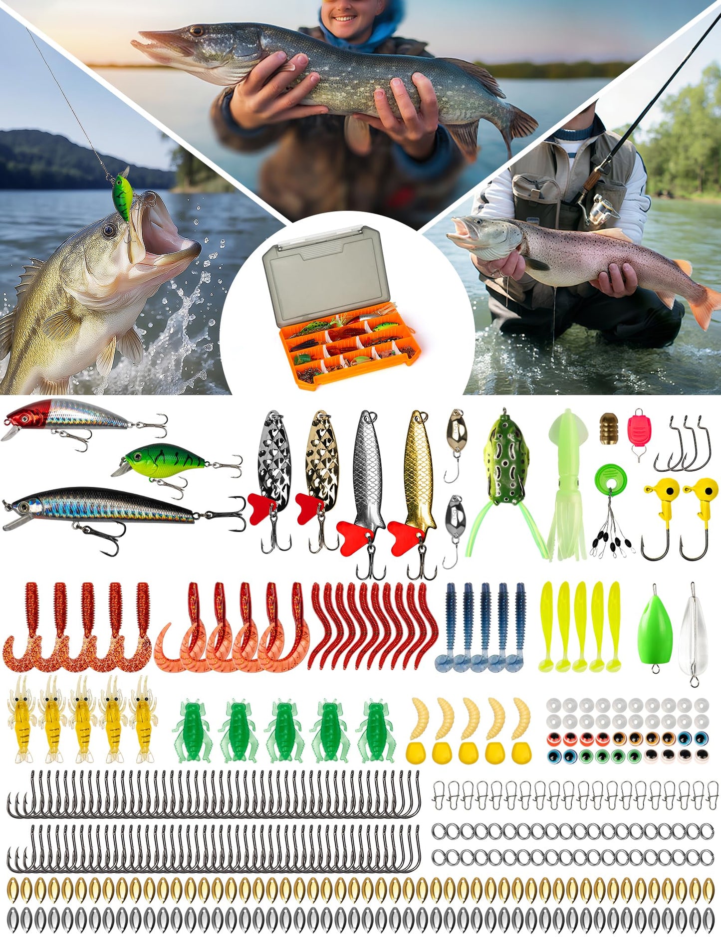 Pullther fishing Fishing Lures,380Pcs Tackle Box with Tackle Included, Fishing Gear with Frogs,Soft Baits, Hooks & Other Accessories,Fishing Bait Kit for Bass Trout