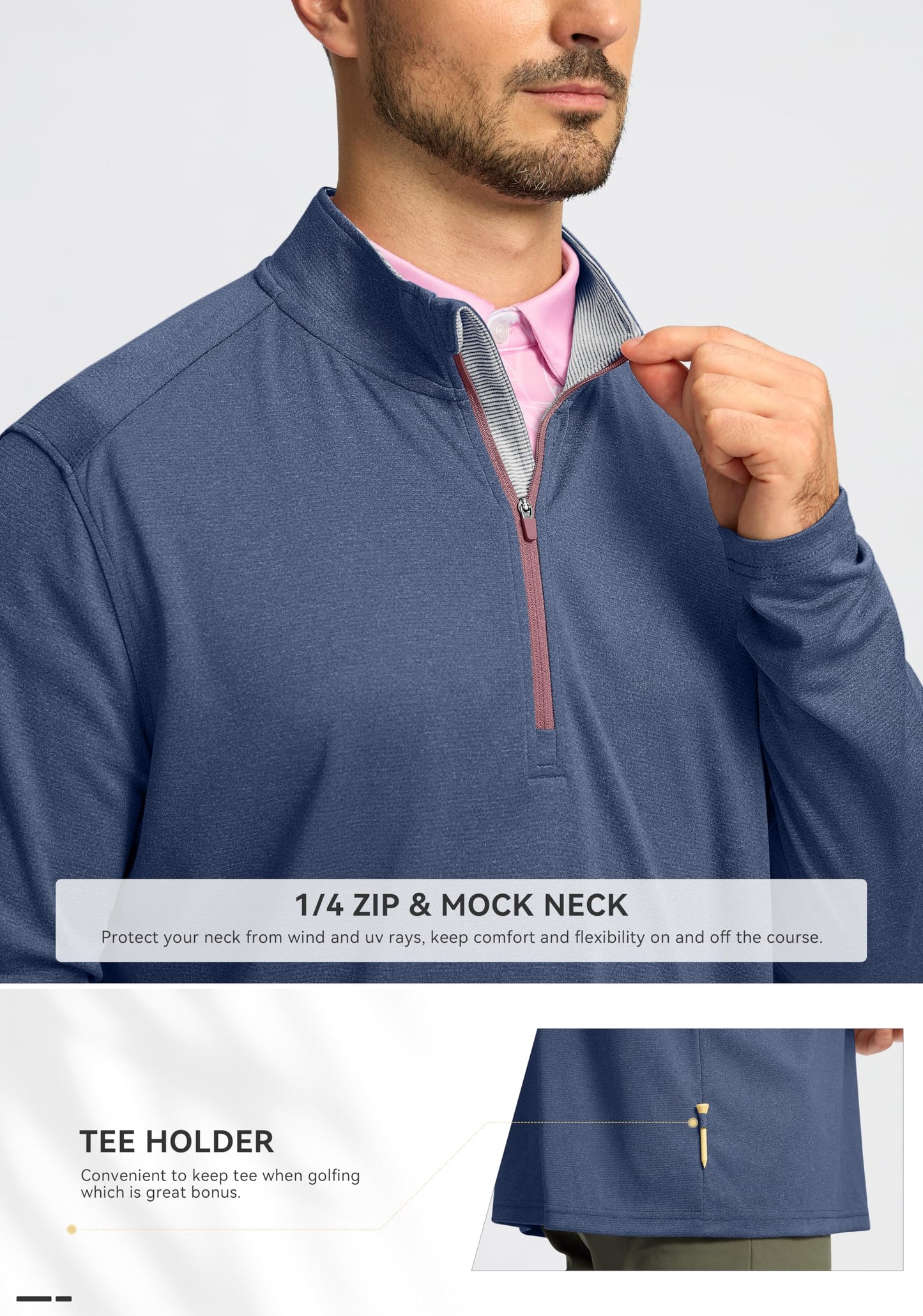 Obla Golf Quarter Zip Pullover for Men Mock Neck Sweatshirt Lightweight Sun Protection Men's Long Sleeve Golf Shirt (Deep Blue Melange_XL)