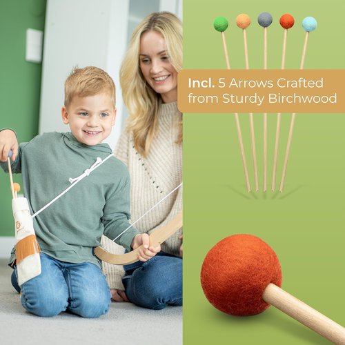 BOWRILLA® Kids Bow and Arrow Set | Wooden Archery Toy for Boys & Girls Aged 3-7, Bow and Arrow for Kids | Includes 5 Arrows, 4 Targets, Cotton Quiver | Indoor & Outdoor Play