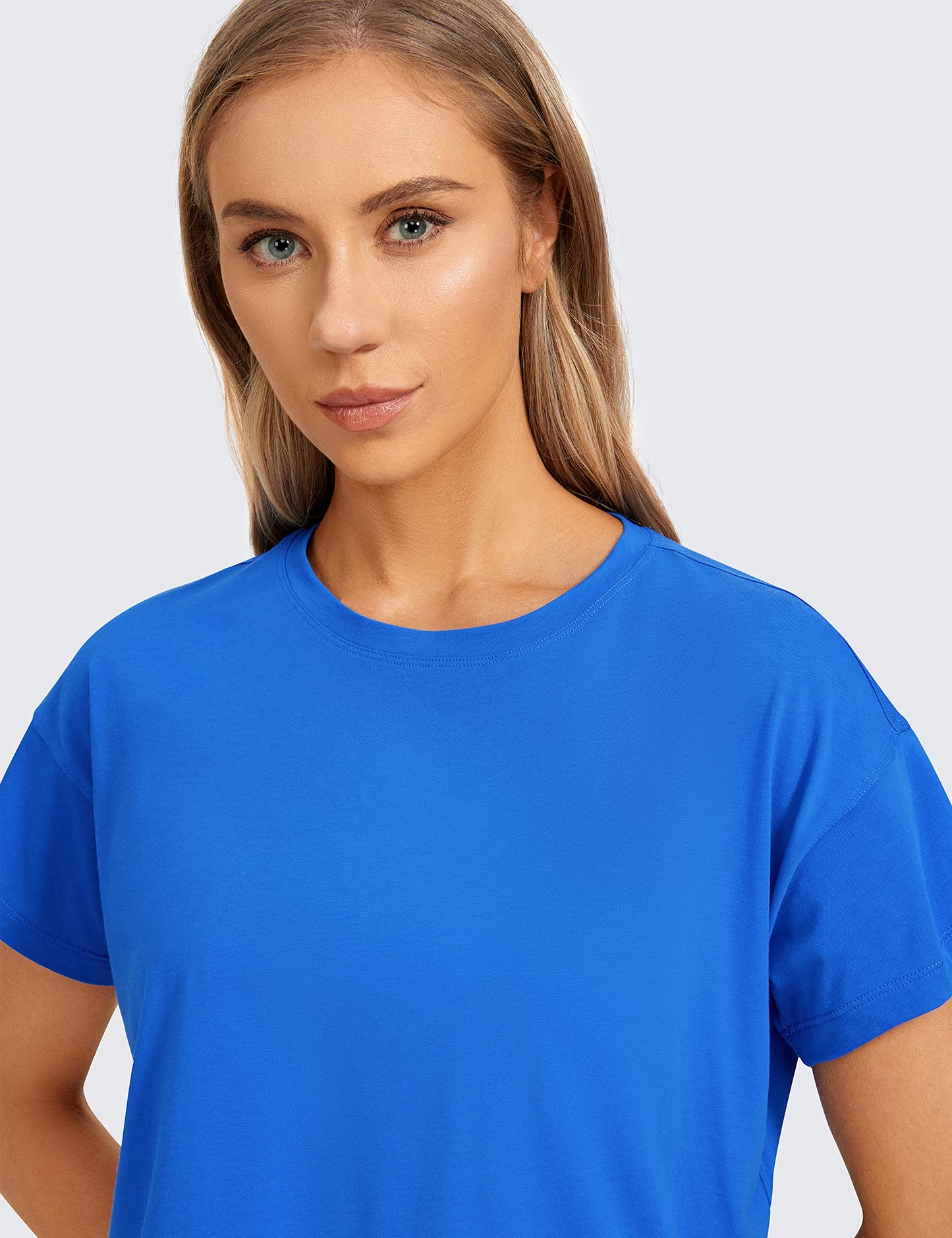 CRZ YOGA Women's Pima Cotton Workout Short Sleeve Shirts Loose Athletic Crop Tops Gym Casual Cropped T-Shirt Strong Blue Small