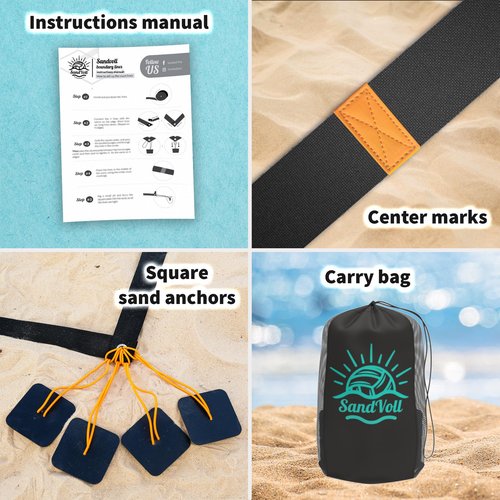 SandVoll Beach Volleyball Lines for Sand - Portable 2 inch Boundary Lines Set for Outdoor + Sand Anchors and Net Bag. Official Court Size Dimensions (26.3' x 52.6')