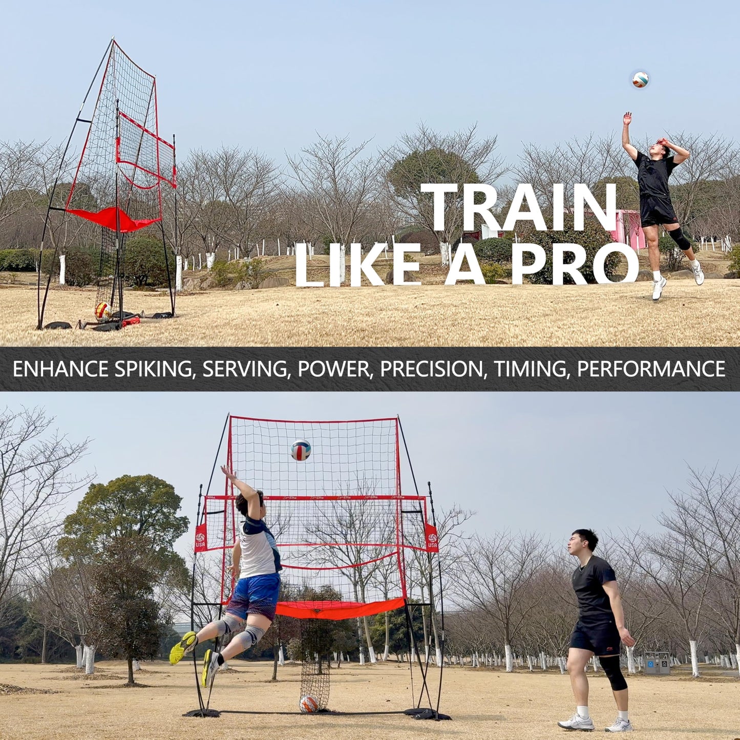 JOLORLY 2-in-1 Volleyball Practice Net Station with Patented 5-Height (6'6'' to 8'), Heavy Duty Training System for Hitting Spiking Serving, Backyard Indoor Outdoor Trainer Equipment (8x11 ft Red)