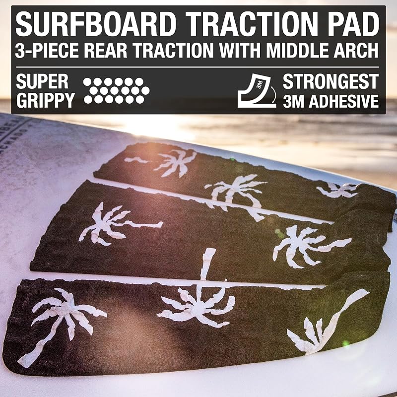 Ho Stevie! Surfboard Traction Pad 3-Piece Full Size 12"x12" Black with White Palm Trees
