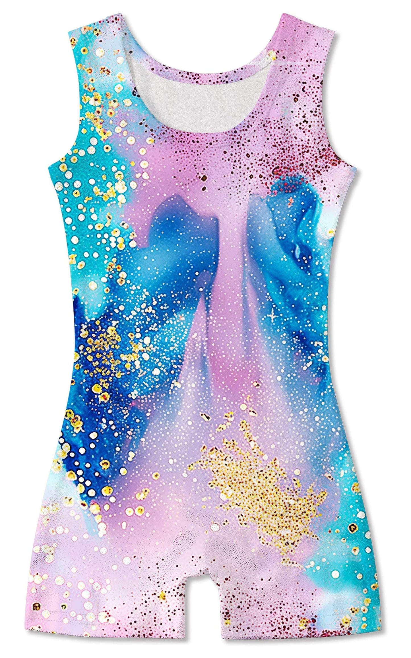 Funnycokid Gymnastics Leotards for Girls Kids Outfits Sparkly Unitards Clothes with Shorts, Diamond Blue Pink, 6-7 Years