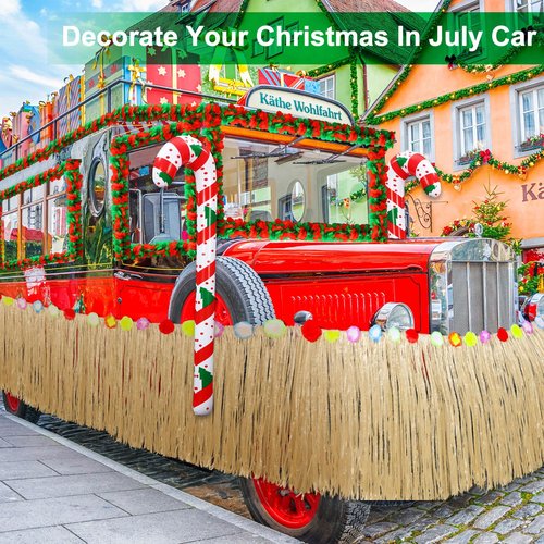 Weysat 8 Pcs Christmas Golf Cart Decorations Kit Hawaiian Leis Red and Green Flower Banner Luau Grass Tropical Car Skirt Candy Canes Balloons for Christmas Golf Cart Parade