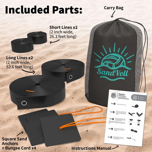 SandVoll Beach Volleyball Lines for Sand - Portable 2 inch Boundary Lines Set for Outdoor + Sand Anchors and Net Bag. Official Court Size Dimensions (26.3' x 52.6')
