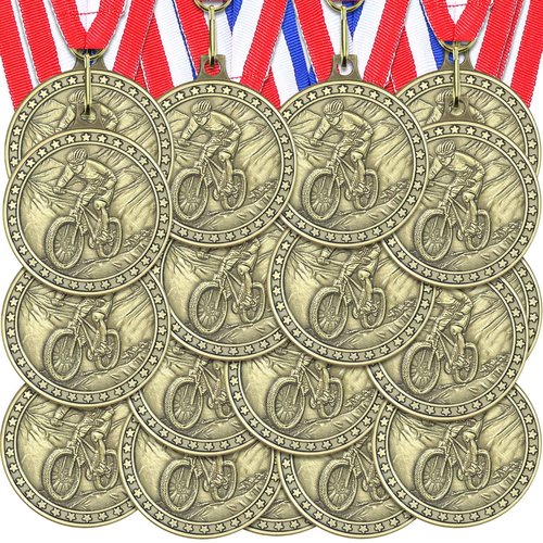 Loetere 12 Pcs Biking Medals Bulk Gold Cycling Medal Award with Neck Ribbons Metal Cyclist Trophy Award Prize Gift for Sports Tournaments School Competitions Party Students Adults