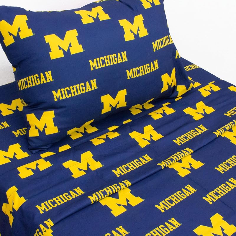 Michigan Wolverines Full Size 4-Piece Sheet Set - 100% Cotton, Flat & Fitted Sheets + 2 Pillowcases