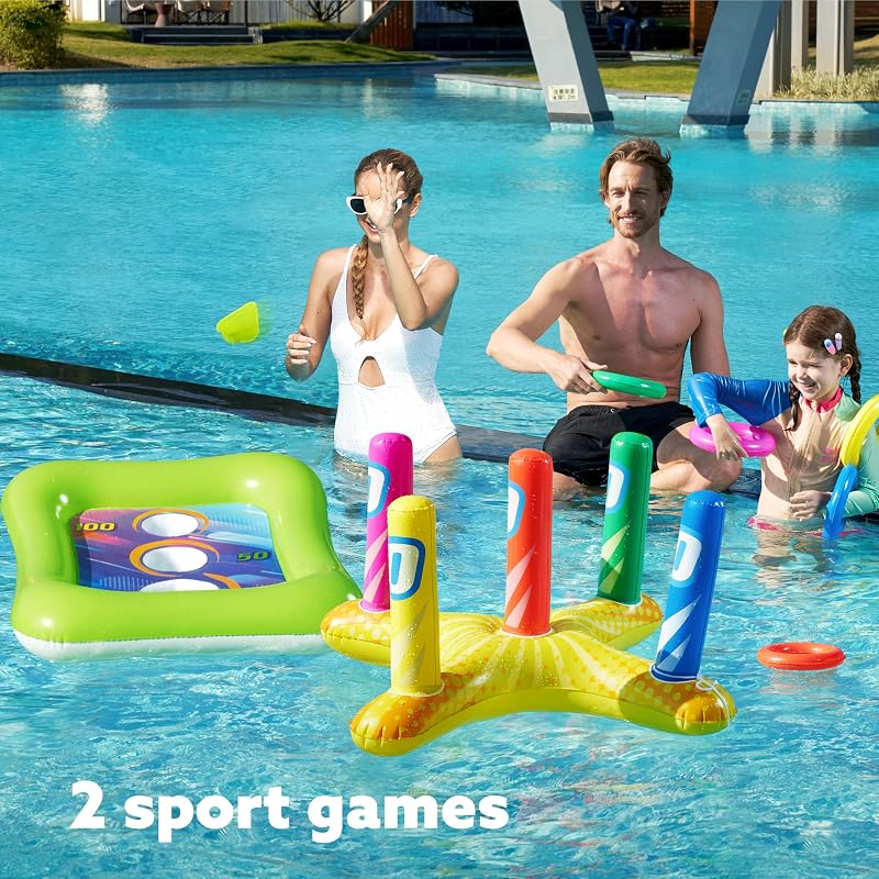 2 Sets Inflatable Pool Toss Game Combo – Ring Toss & Cornhole Pool Games for Kids & Adults