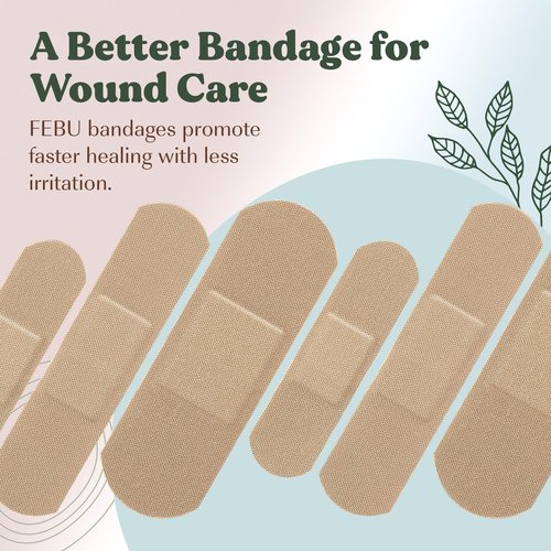 FEBU Eco-Friendly Bamboo Fabric Bandages | PFAS Free Flexible Fabric Bandages | Natural Hypoallergenic Bandage for Scrapes, Cuts & First Aid | Fully Compostable, Latex Free Bandage | 75 Count Strip