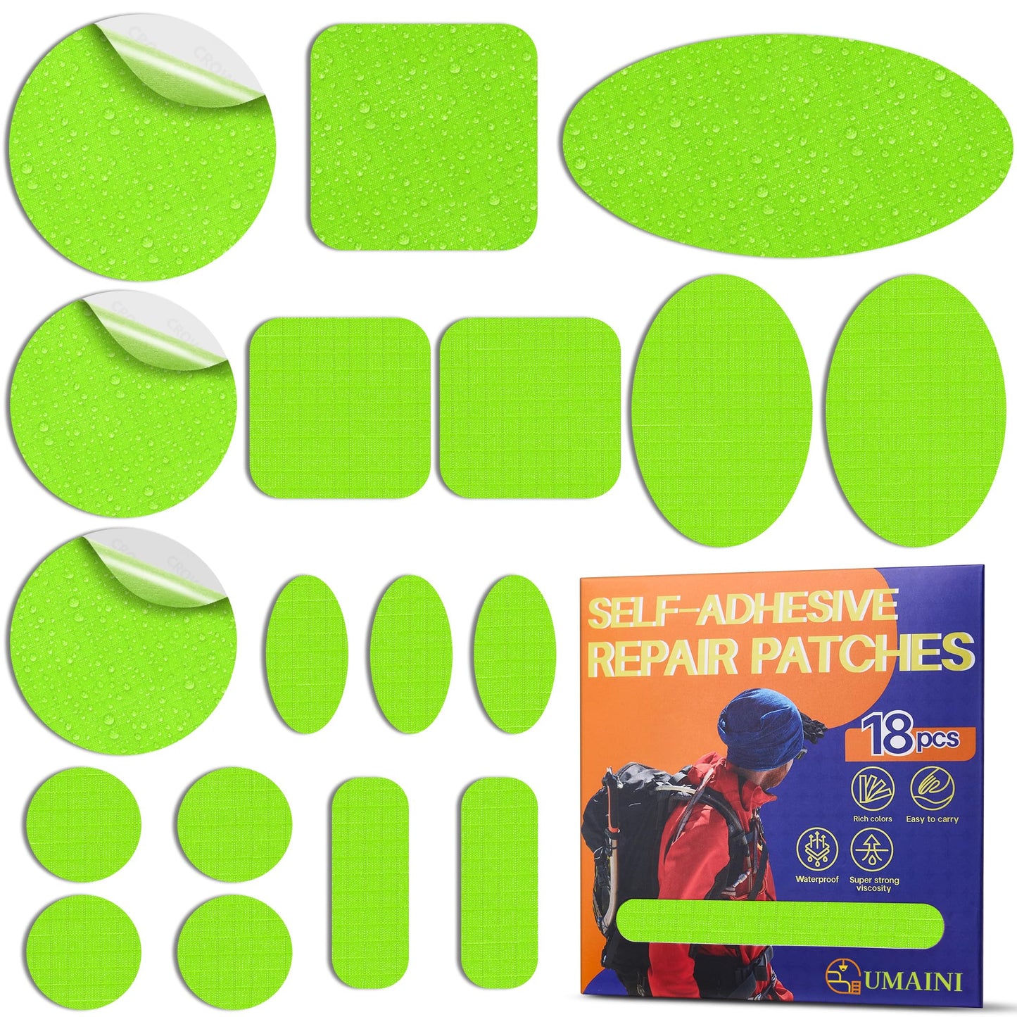 Down Jacket Repair Patch Kit, Outdoor Gear Tenacious Repair Tape, Self Adhesive Fabric Patches for Clothes, Waterproof Ripstop Nylon fabric Patch for Puffer Jacket, Coat, Tent (18 Pcs, Neon Green)