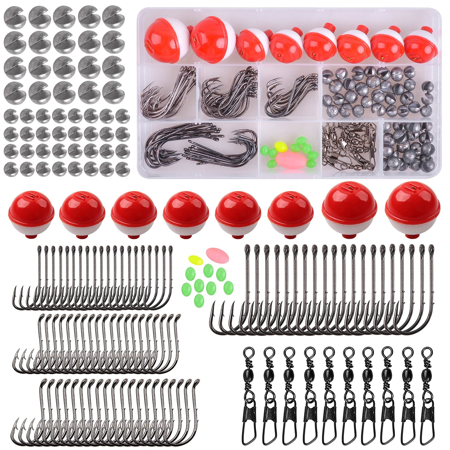 Fishing Tackle Kit, 160pcs Basic Bobbers and Hooks Assortment With Octopus Circle, Baitholder Hooks, Sinker Weights, Terminal Tackle Box for Trout Catfish Panfish