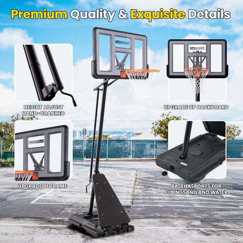AWII SPORT Basketball Hoop Outdoor Protable 44Inch Impact Backboard, 5.3-10FT Height Adjustable Basketball Hoop Goal System with Portable Wheels for Adults