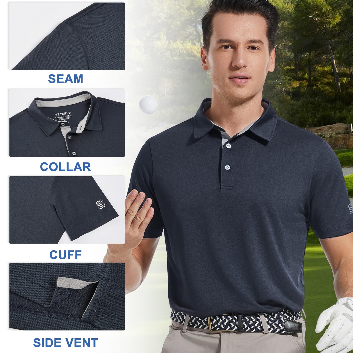 Srysrfp Mens Pique Polo Shirts for Men Short Sleeve Performance Moisture Wicking Quick Dry Casual Sport Collared Golf Shirts for Men, XL Navy