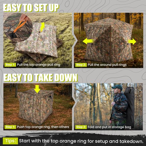 HUNTSEN Hunting Blind 360 Degree See Through Ground Blind with Full Open Door - 2-3 Person Pop Up Hunting Tent with Carrying Bag for Deer & Turkey