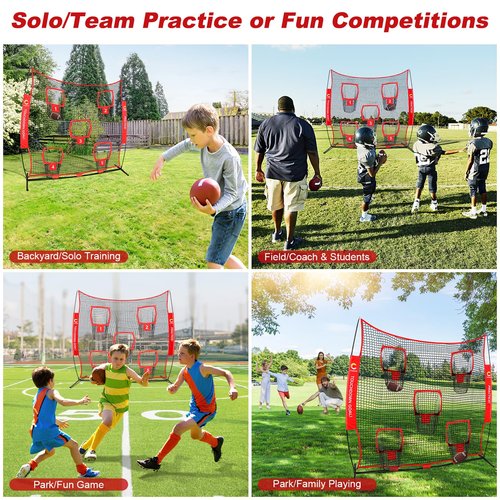 Choiana Football Net, 8 x 8ft Football Throwing Target Net Trainer w/ 5 Pockets, Practice Net Quarterback Training Equipment for Throw Accuracy Improving w/Carry Bag, Ground Stake for Backyard Kids