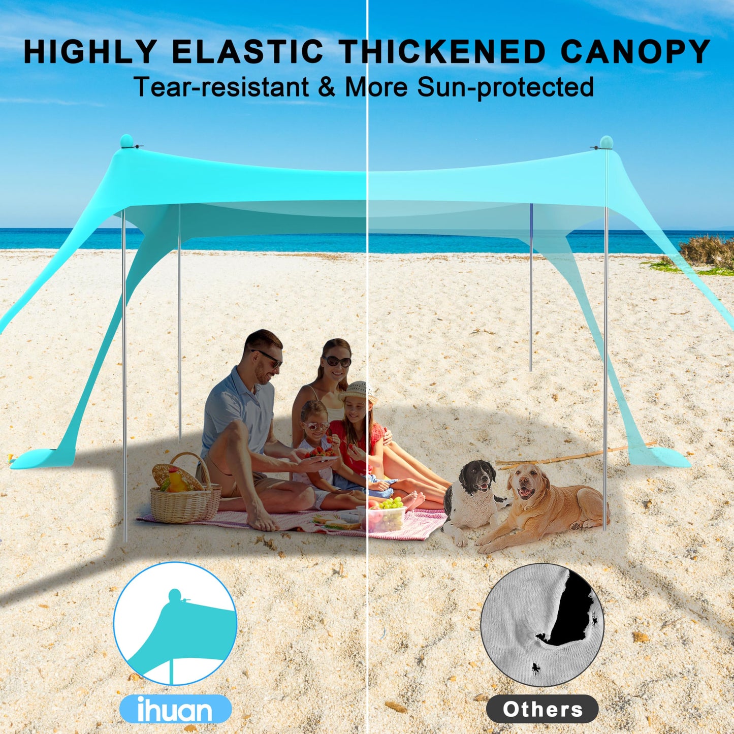ihuan Beach Tent Sun Shelter 10X10FT UPF50+ with 4 Aluminum Foldable Poles, Easy Setup Outdoor Shade Canopy for 8 Person, Cool Cabana for Fishing, Family Trips, Backyard Picnics