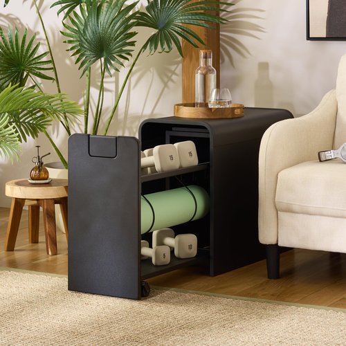SEI Furniture Sidekick Rolling Workout Equipment Rack – Hidden Weight Storage Organizer with Hooks & Shelves for Home Gym, Yoga Mat, Kettlebell, Dumbbells – Black